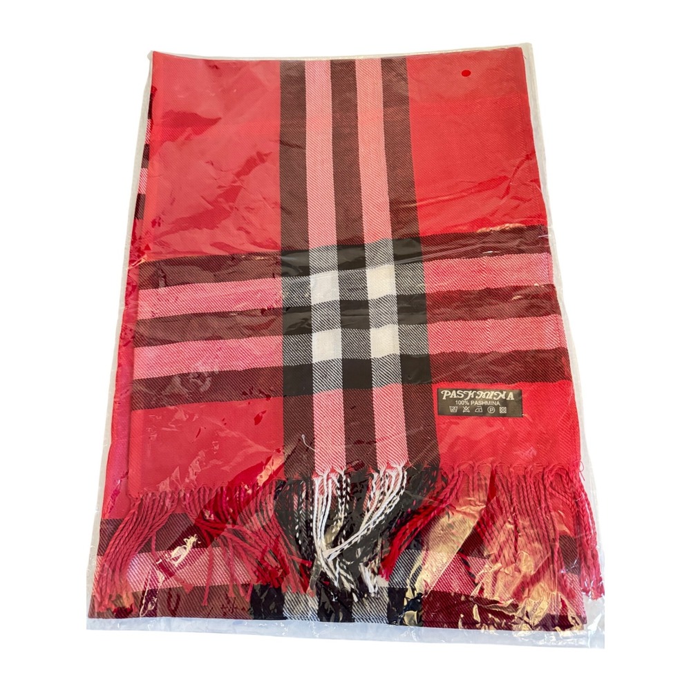 Pashmina 100% Red Plaid Scarf Fringe Luxury Soft Warm‎ Winter New in Bag